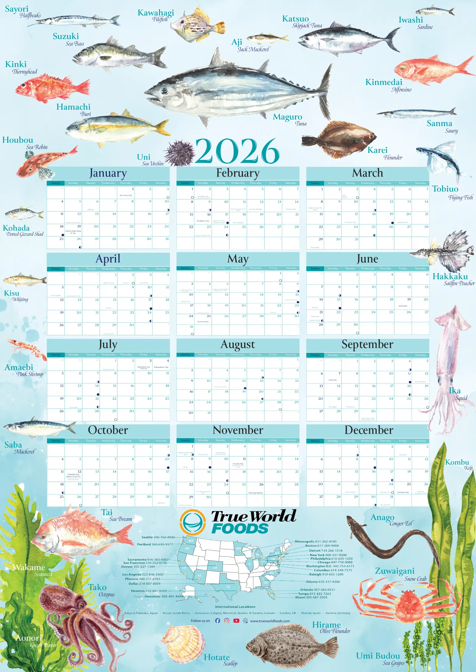 2026 True World Foods fish calendar poster with month-by-month dates and illustrations of seasonal Japanese fish and seafood