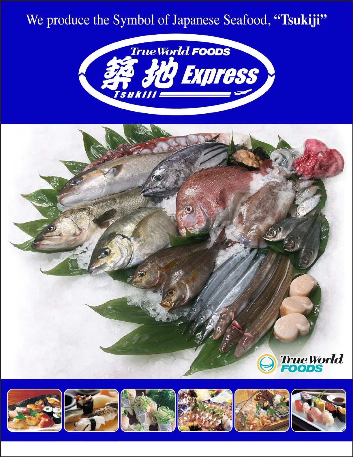 Cover of the JapanFish Express catalog showing an assortment of fresh Japanese fish and seafood on ice