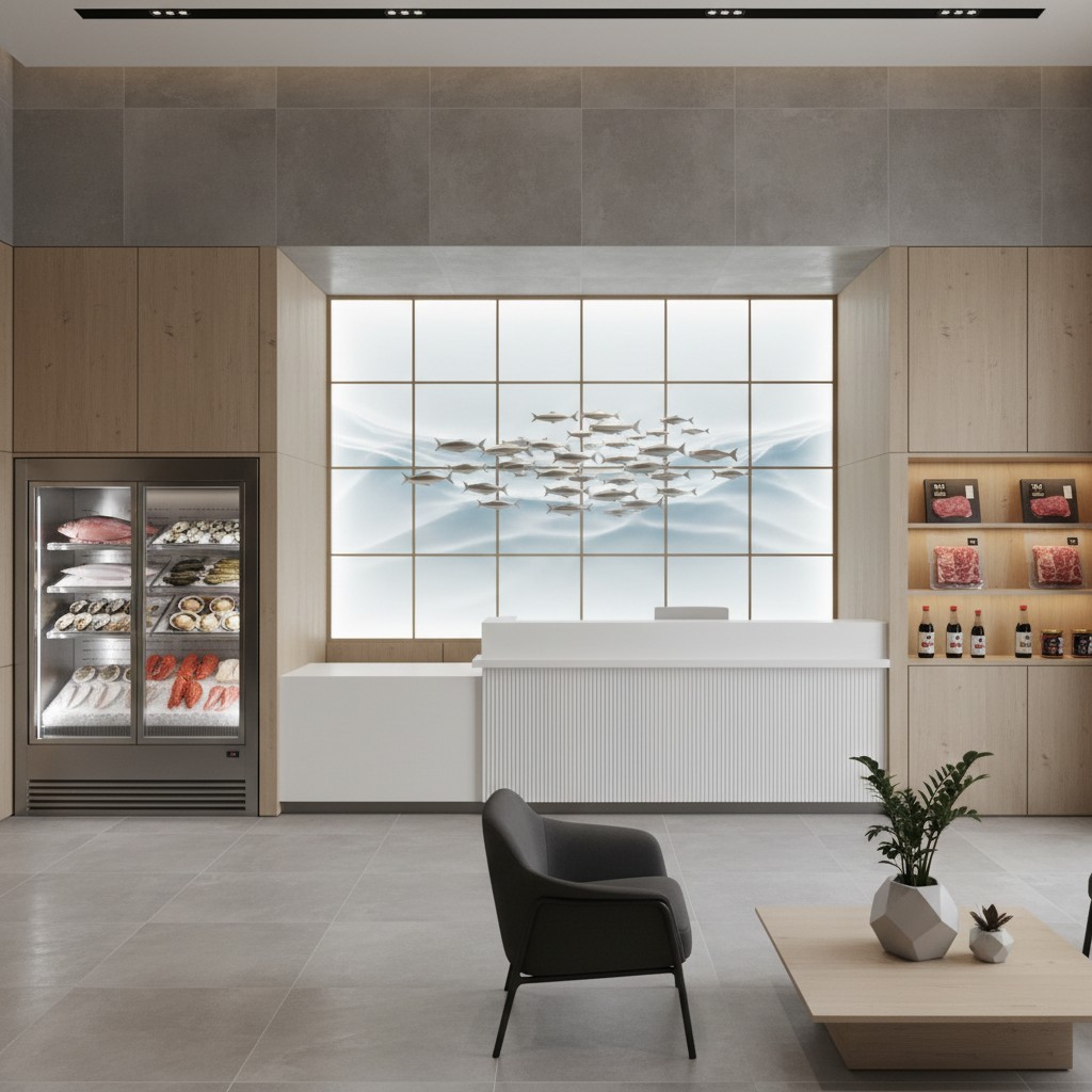 a modern seafood restaurant or market interior with a reception desk, decorative fish display, and refrigerated case of fr...