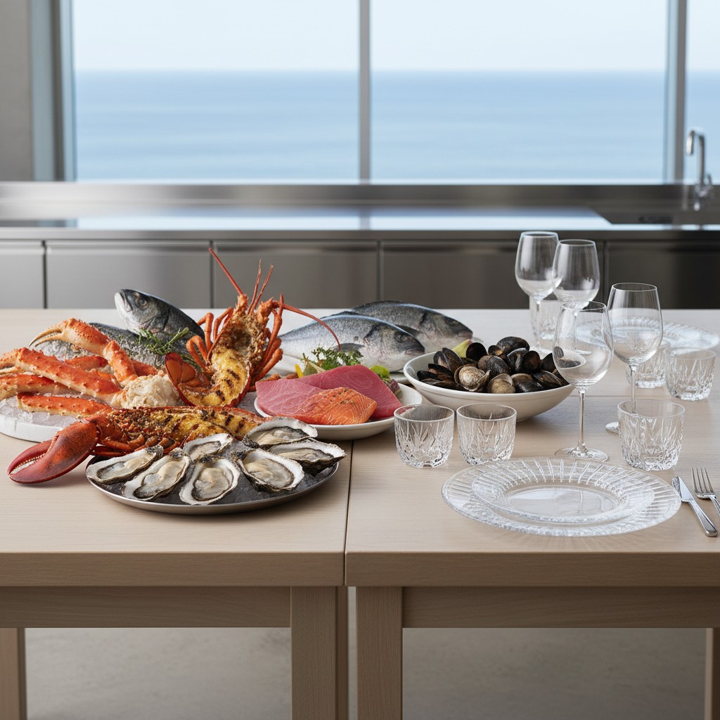 A table set with a seafood lunch spread, featuring a variety of dishes. The table is set with fine crystal and silverware,...
